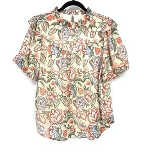 Loft Short Sleeve High Neck Blouse Womens Size M Floral Print Cream Ruffles